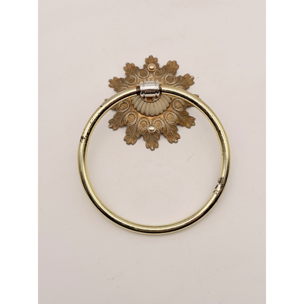 Vintage Hollywood Regency Gold Tone Sunburst Floral Medallion Wall Towel Ring